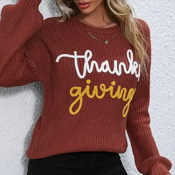 Oversized Thanksgiving Cable Knit Pullover Sweatshirt - Picture 5 of 6